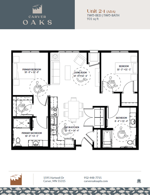Floor plan for 2 beds, 2 baths, 931 sqft